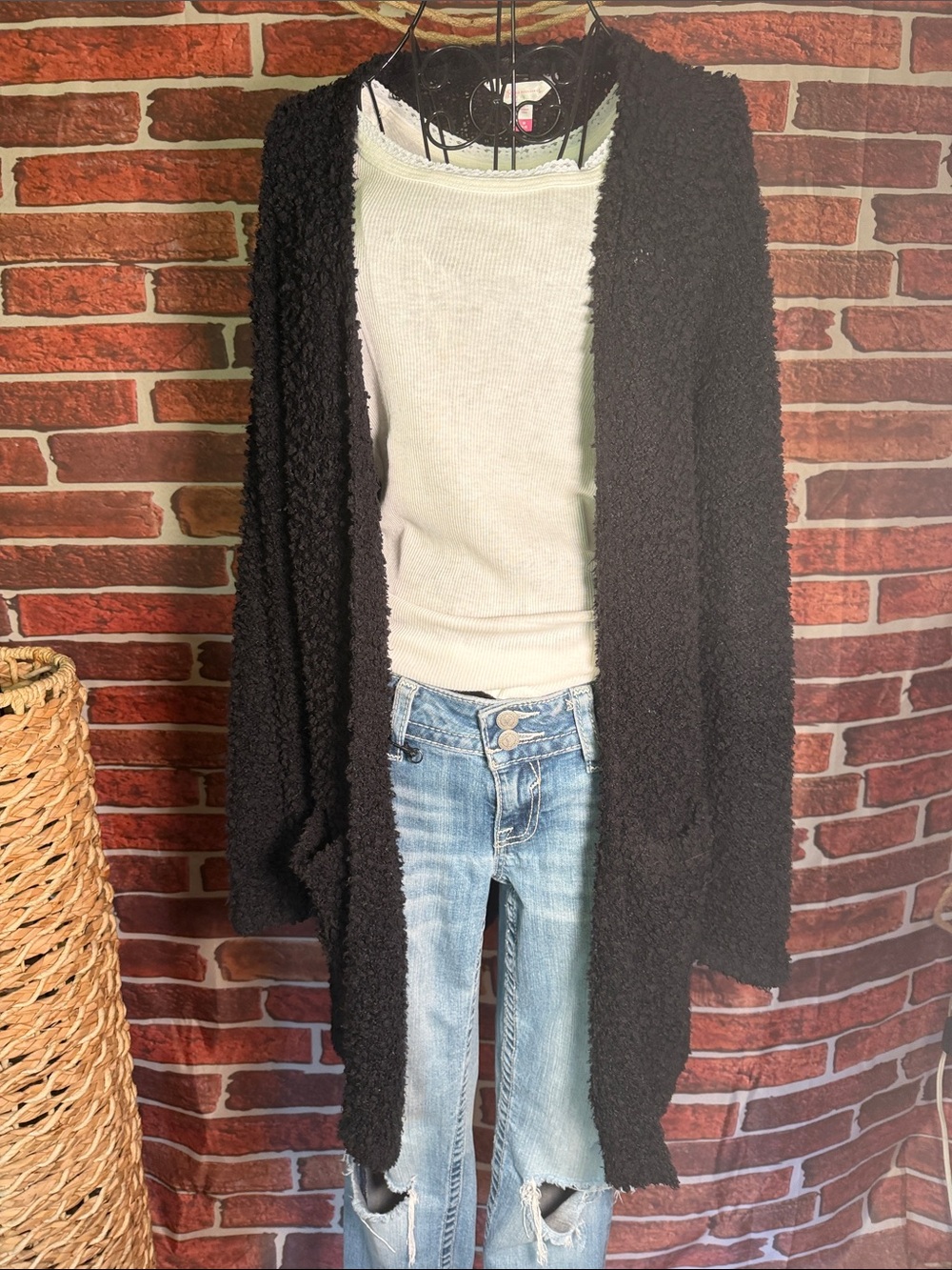 🧥 NOBO Bouclé Open-Front Cardigan — Black — Sz M (7-9) NWOT